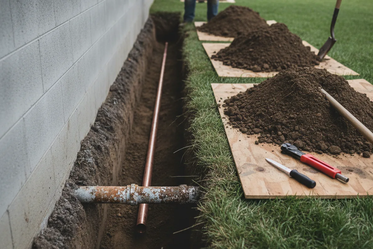 Excavated water line trench during Sewer Line Repair in Navajo Dam